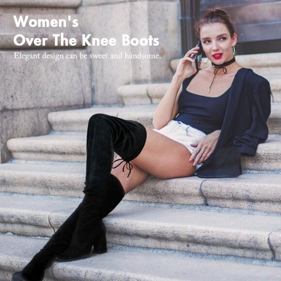 Women's Black Inner Zipper Thigh High Over The Knee High Square Heel Boots - Picture 3 of 8